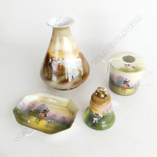 4 BAYREUTH ITEMS. BELL H. 85mm VASE H.155mm HAIR TIDY H. 80mm & DISH L.125mm