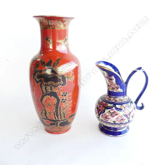 TALL OCHRE VASE MADE IN MACAU H.320mm & BLUE DUTCH MAJOLICA EWER H.210mm