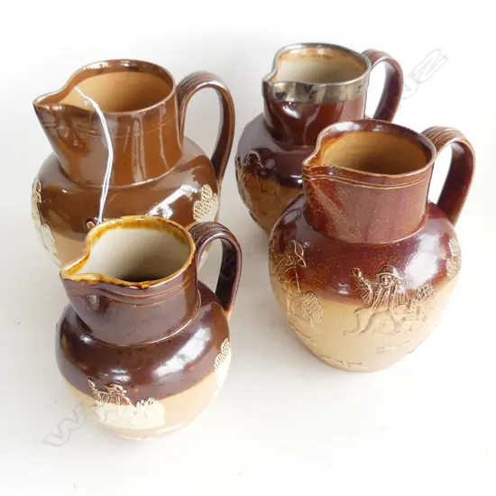 4 ROYAL DOULTON LAMBETH WARE JUGS VARIOUS SIZES, 1 WITH SILVER RIM, TALLEST H.150mm