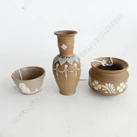 THREE SILICANWARE DOULTON ITEMS. SMALL POTS .ONE MINOR FRIT Dia 85mm & SMALL BOWL Dia. 66mm & FAULTED VASE H. 116mm