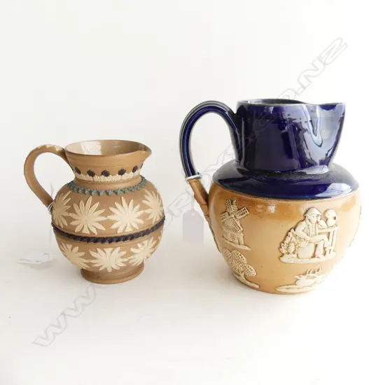 ROYAL DOULTON STONEWARE JUG w HUNTING SCENES, H.165mm & sml DOULTON LAMBETH JUG  w FLOWERS