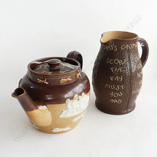 2 PCS ROYAL DOULTON LAMBETH WARE, 1 TEAPOT & 1 PITCHER 'THE LANDLORD'S CAUTION' H.85mm