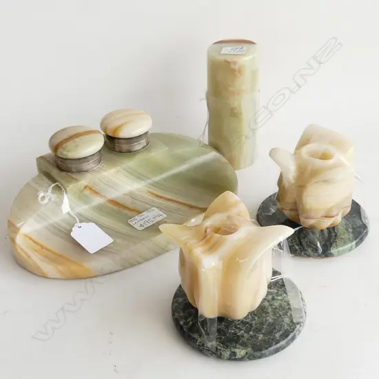 ONYX DESKSET WITH STERLING MOUNTS AND CANDLEHOLDERS ON STANDS. 6 PIECES 