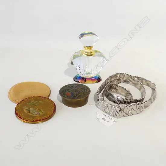 GLASS SCENT BOTTLE (H105MM)  VOGUE COMPACT, BRASS LIDDED BOX (DIA 60MM) & LADIES DECORATIVE BELT