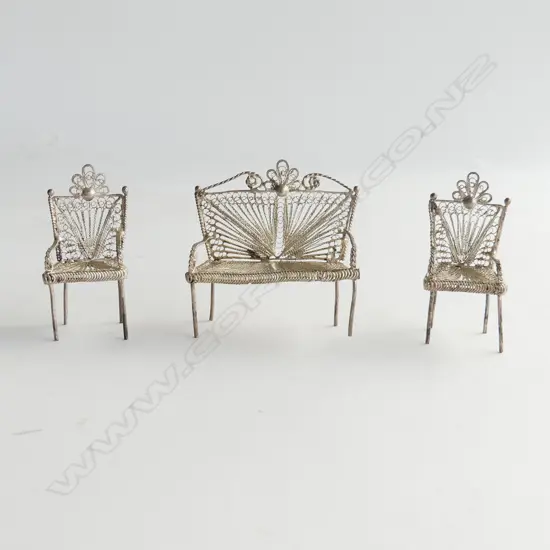 SILVER FILIGREE MINIATURE PARLOUR SET INCLUDING SOFA AND TWO ARMCHAIRS H. 50MM