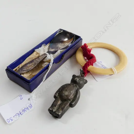 VINTAGE BABY TEETHING RING WITH SILVER PLATE BEAR + 1953 CORONATION SPOON IN BOX 