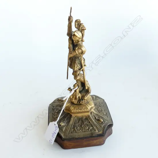 SMALL BRONZE FIGURE OF ST GEORGE & THE DRAGON. FINE DETAIL .OVER WOODEN BASE MAY BE MISSING PART FROM STAFF. H. 210mm