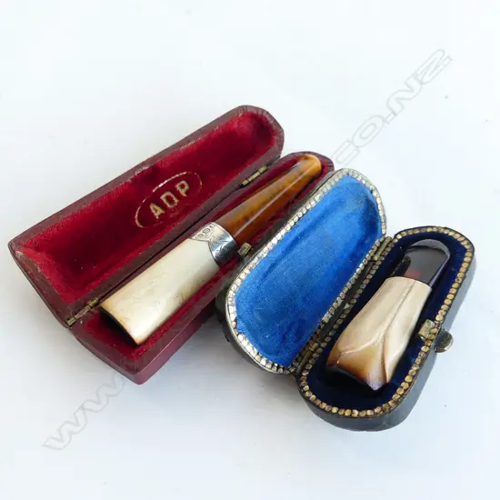 TWO AMBER MEERSCHAUM & STERLING CIGAR HOLDERS IN CASES  - ONE HALLMARKED BIRMINGHAM 1911  