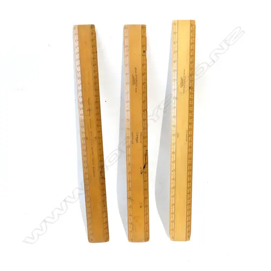 3 STANLEY LONDON BOX WOOD SCALE RULES - 20 CHAINS, 30 CHAINS, AND ENGINE DIVIDED SCALE 80  