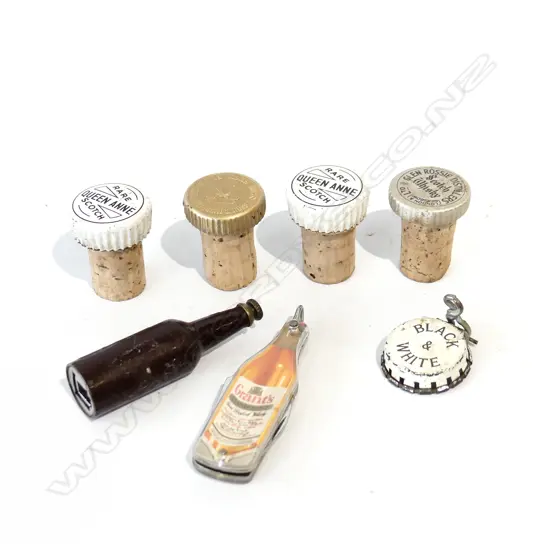 7 WHISKY COLLECTIBLES – GRANTS POCKET KNIFE, B&W BOTTLE OPENER + CAP, AND VARIOUS STOPPERS 