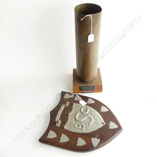 BRASS SHELL SHOOTING TROPHY H410MM & SNOOKER SHEILD TROPHY H330MM