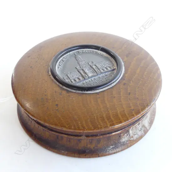 VINTAGE ROUND TURNED WOODEN TRINKET BOX WITH OLD MEDALLION IMPRESSED INTO LID,  DIA 93MM