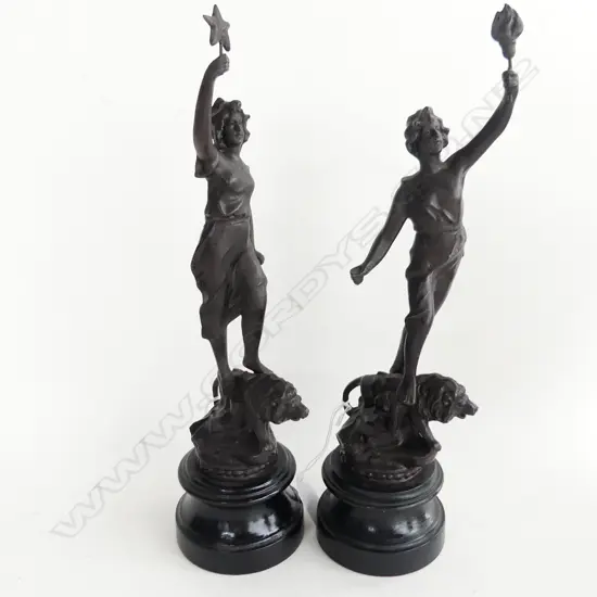 TWO FRENCH SPELTER FIGURES MALE (THE FORCE) & FEMALE (THE POWER). H, 350mm ( BOTH) 