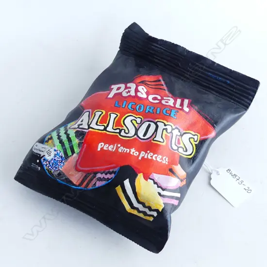 KEVEN MCCARDELL WOOD SCULPTURE ARTIST, CARVED & PAINTED 'PASCALL LICORICE ALLSORTS'  SIG. TO BASE 140 X 180MM