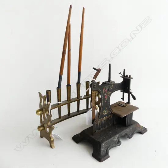 VINTAGE BRASS PEN HOLDER & VINTAGE CHILDS SEWING MACHINE H150MM