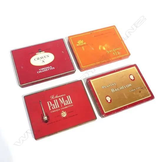 4 VINTAGE TOBACCO TINS - CARVEN A, PLAYERS, PALL MALL, STATE EXPRESS 777 L. 150MM 