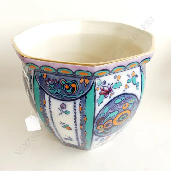  BURLEIGH WARE JARDINERE IN PURPLE, GREEN & ORANGE, H.230 D.245mm