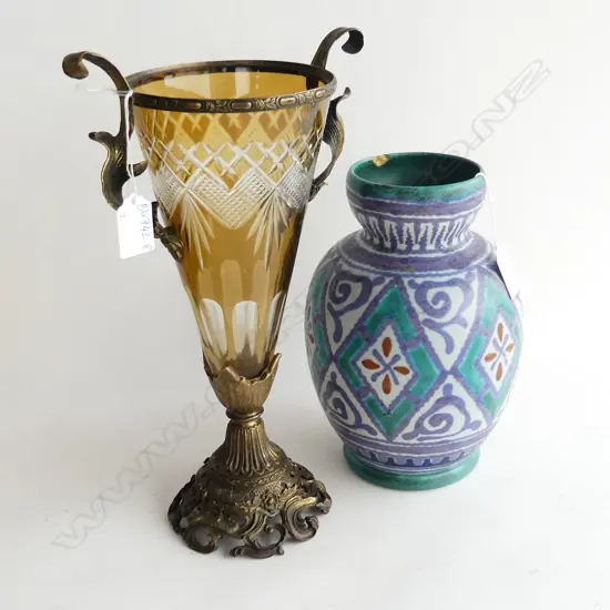 BOHEMIAN WHEELCUT AMBER METAL MOUNTED TRUMPET VASE H. 310mm & GOUDA VASE AF H. 250mm