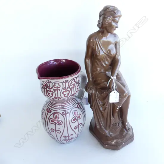 BROWN PATINATED 40S FIGURE IN PLASTER  H. 420mm & BROWN TINGLAZE EWER H. 260mm