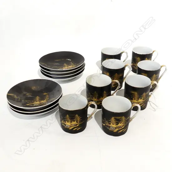 7 JAPANESE PORCELAIN COFFEE CANS & SAUCERS + EXTRA SAUCER 110mm dia 1 w. hairline