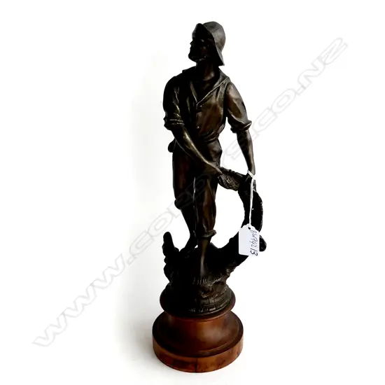 LATE 19THC SPELTER FIGURE IN THE SOCIAL REALISM VEIN OF A FISHERMAN IN VICTORIAN GARB. H. 390mm