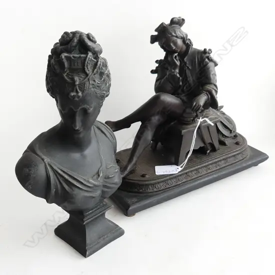 2 FRENCH SPELTER FIGURES. ONE OF SOLDIER MUSICIAN INJ THE MANNER OF CARRIER H. 240mm OTHER OF MARIE ANTOINETTE . H.255mm