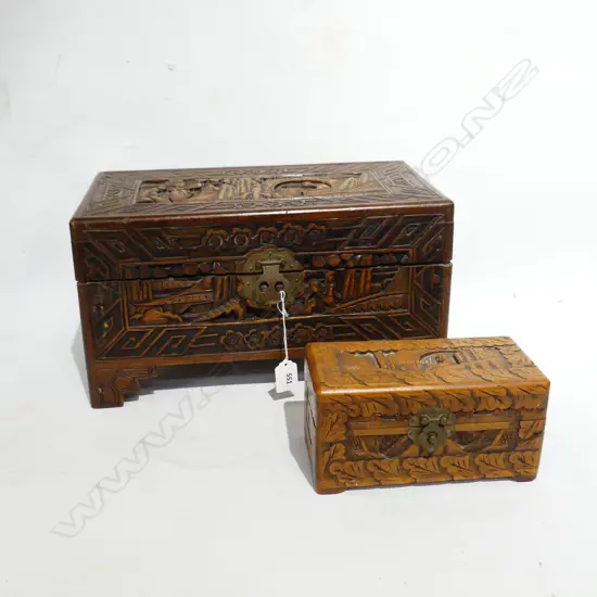 2 CARVED CAMPHOR WOOD LIDDED BOXES L. 380 & 200MM