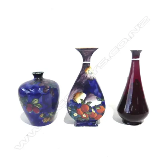 3 VASES; 2 H/PAINTED CORONA / TITIAN WARE + R. DOULTON NOKE FLAMBE H.170mm