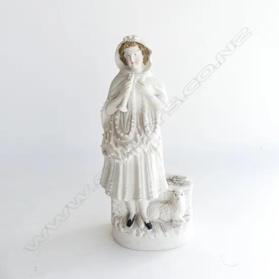 VICTORIAN PARIAN WARE FIGURINE OF LADY WITH HORN AND SHEEP (SIDE PIECE MISSING?) H. 290MM 