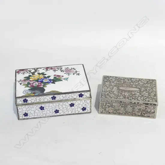2 LIDDED BOXES; WHITE CLOISONNE 115x85mm