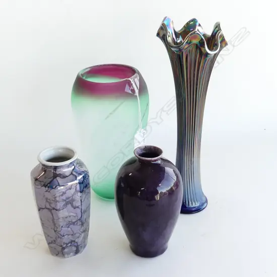 4 VASES; 2 ART GLASS H.305mm, 2 CERAMIC (1 AF)