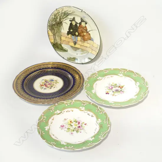 4 PLATES; PR H/PAINTED VICTORIAN GREEN BORDER 230mm dia, AYNSLEY & R. DOULTON 'THE GALLANT FISHERS'