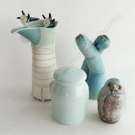 4 PCES BLUE GLAZED STUDIO POTTERY; BIRD JUG SIGNED KAY H.265mm, 2 CROSSED FINGERS, J. DAWSON CELADON LIDDED JAR, OWL