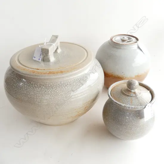 3 SHINO GLAZED STUDIO POTTERY LIDDED SPHERICAL CONTAINERS; GRAEME STORM + 2 OTHER H.200mm