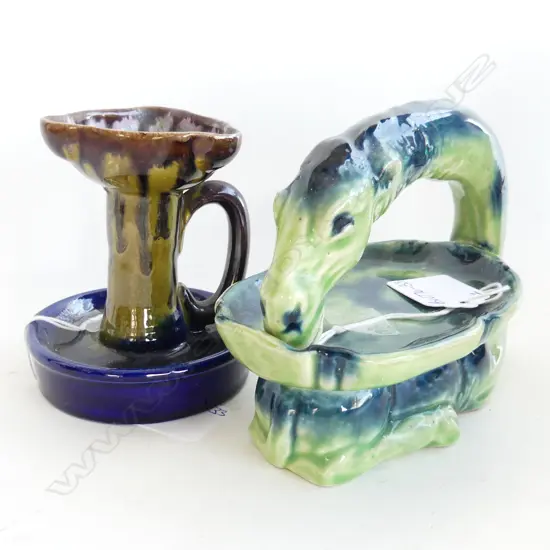 OLD POTTERY GREEN & BLUE HORSE SOAP DISH & FLOWER CANDLESTICK