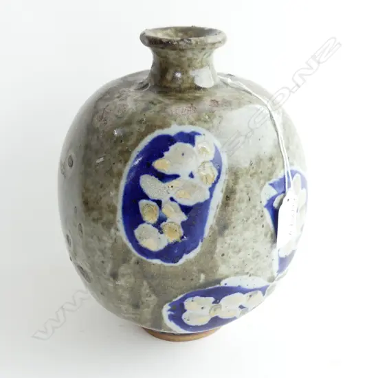 PAUL FISHER (CHCH) STUDIO POTTERY VASE ea side with 3 decorated blue ground panels. Incised mark. H.220mm.