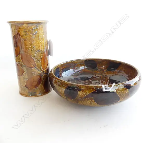 2X ROYAL DOULTON STONEWARE PCES: CYLINDER VASE H.150mm + BOWL Dia.180mm