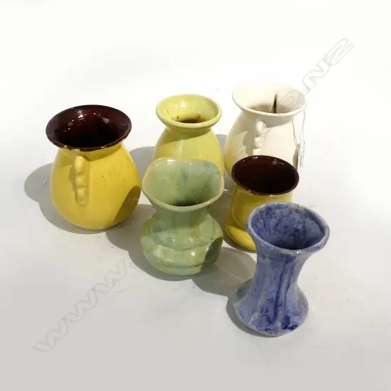 6 ASST SM CROWN LYNN VASES (LARGEST H. 100MM) SOME WITH FRACTIONATED MARKS