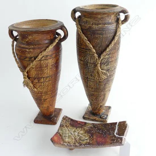 2 'HUIA' POTTERY URNS + WOOD FIRED SALT GLAZE SMALL PLATTER on 3 legs