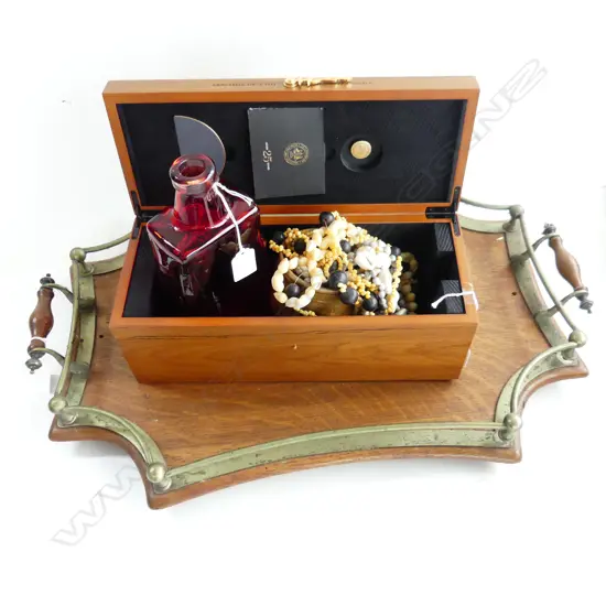 OAK PRESENTATION GALLERY TRAY, WHISKEY BOTTLE BOX ,SHELL NECKLACES & POTTERY BEAKER