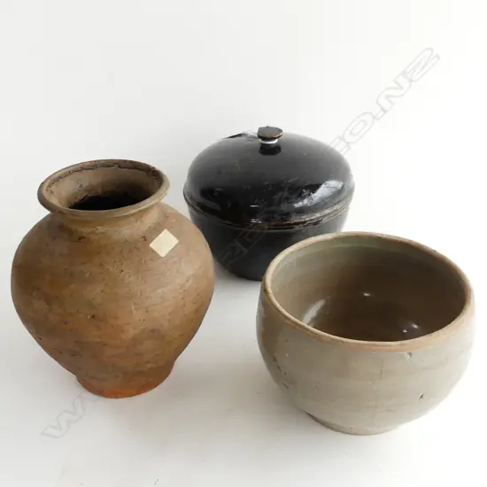EARTHENWARE JAR H.160mm, THAI COVERED POT & DEEP SIDED BOWL H.100mm (chips / hairlines)