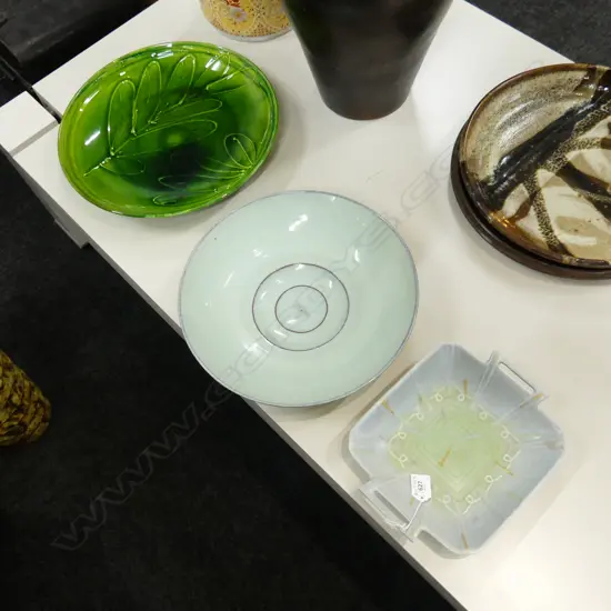 3 CERAMIC DISHES; SUE NEWITT GREEN LEAF CHARGER 370mm dia, CELADON BOWL 330mm dia, SQUARE BESWICK DISH