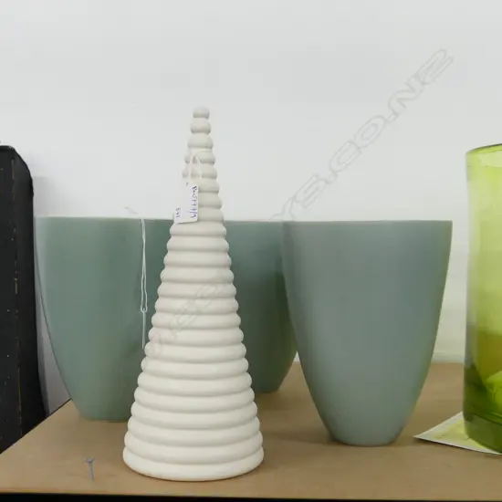 3 CELADON VASES H.205mm + JOHN PARKER WHITE 'VORTEX' RIBBED CONE FORM IMPRESSED 'JP' H.300mm
