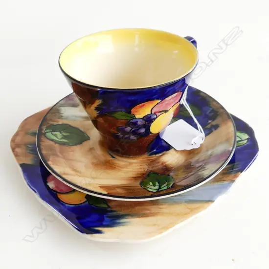 H & K TUNSTALL AUTUMN FRUITS HAND PAINTED ART DECO CUP, SAUCER & PLATE TRIO  EX. COND