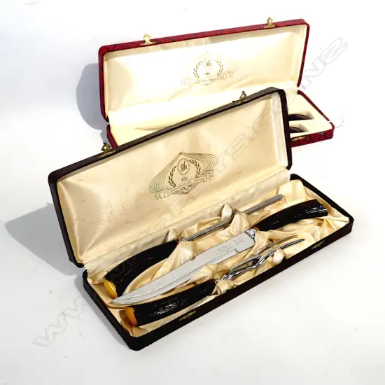 2 CASED CONNOISSEURS CHOICE 3 PC CARVING SETS, FAUX STAG HORN + 1 OTHER