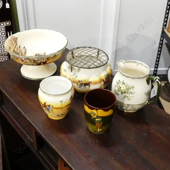 5 PCES ROYAL DOULTON; COACHING DAYS VASE, FOOTED BOWL 205mm dia, VASE + JUG & GOLFING BEAKER