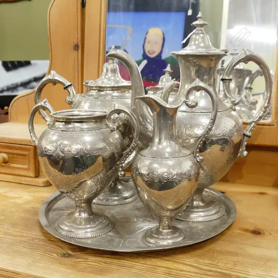 4 PCE SILVER METAL TEA SET + TRAY 295mm dia