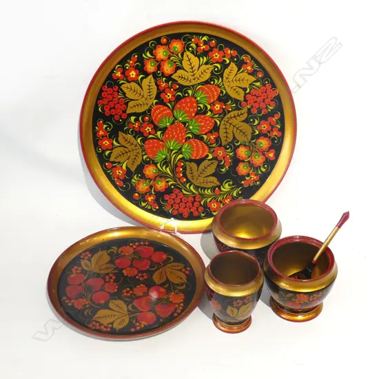 6 PCE LACQUER WARE; 2 PLATES (DIA 300, 210MM) + 3 BOWLS & SPOON