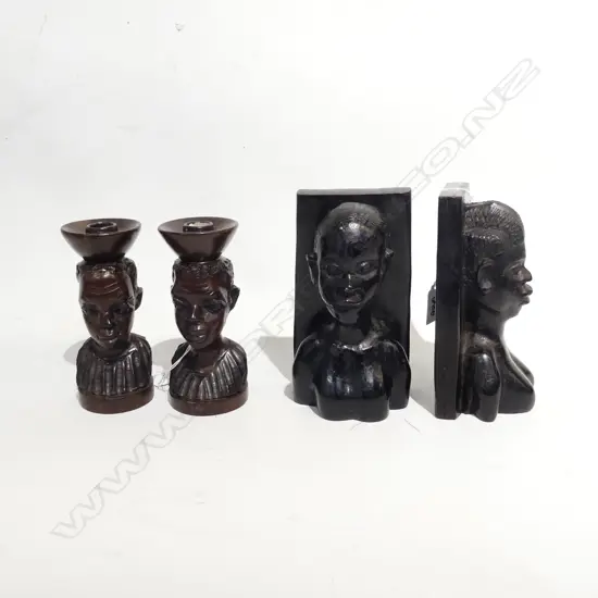 PR HAND CARVED AFRICAN BUST BOOK ENDS (H 180MM) & AFRICAN BUST CANDLE HOLDERS (H. 155MM)
