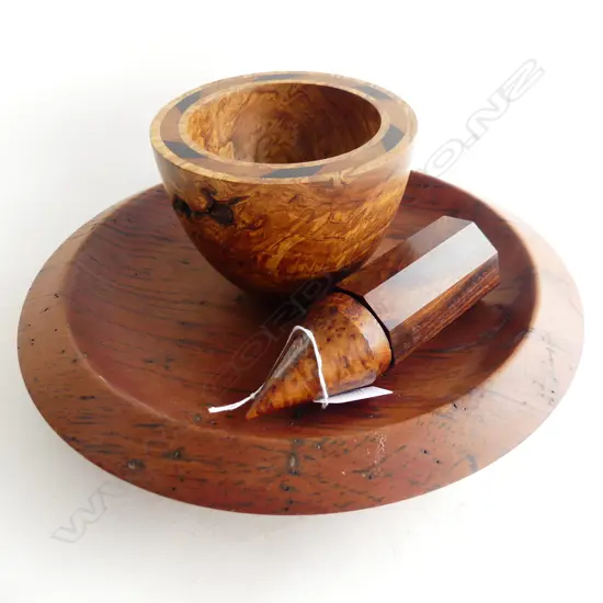 3 PCES TURNED WOOD; 2 BOWLS; RED BEECH 315mm dia, INLAID + CONE LIDDED CONTAINER H.160mm